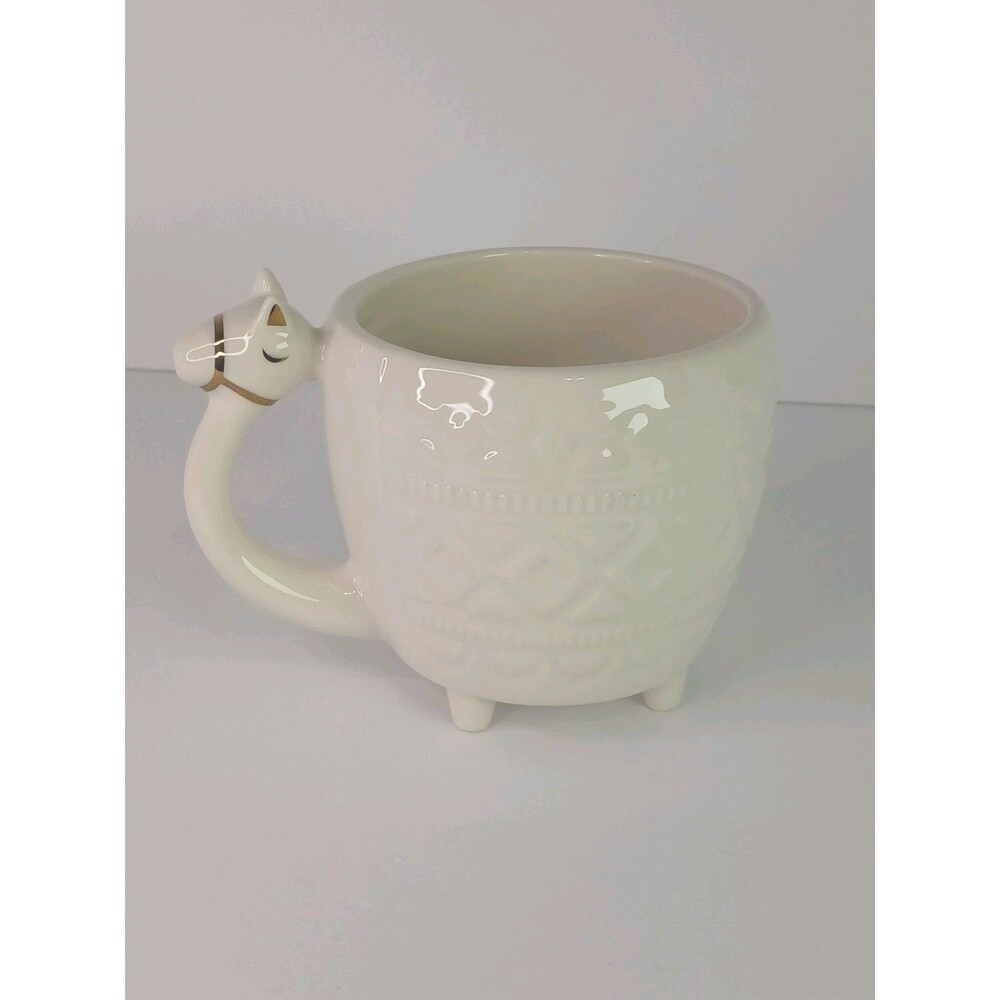 Target Opalhouse Llama Coffee Mug White Gold Accents 14 oz Footed 2020 Embossed